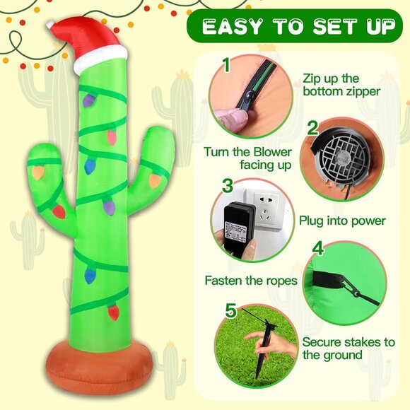 7FT Inflatable Christmas Cactus with LED Lights for Yard Lawn Holiday Decor - Picture 6 of 6